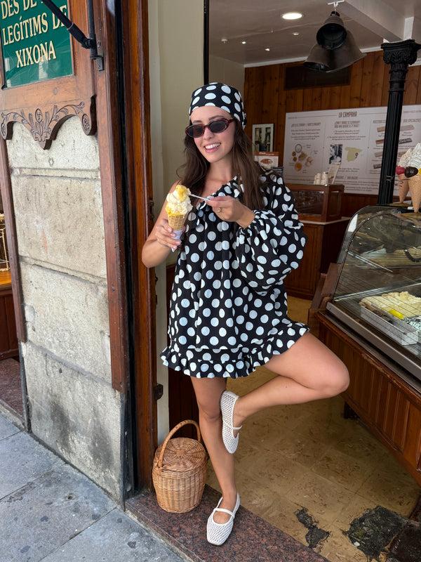 Sleeper Cha-Cha Lounge Shorts With Headscarf In Black Polka Dot