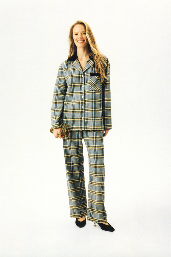 Sleeper Checked Cotton-Flannel Set In Blue And Grey Checkered