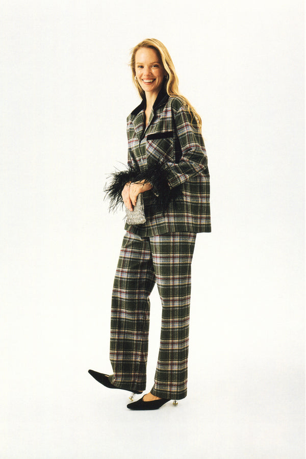 sleeper Checked Cotton-Flannel Set with Detachable Feathers in Jade