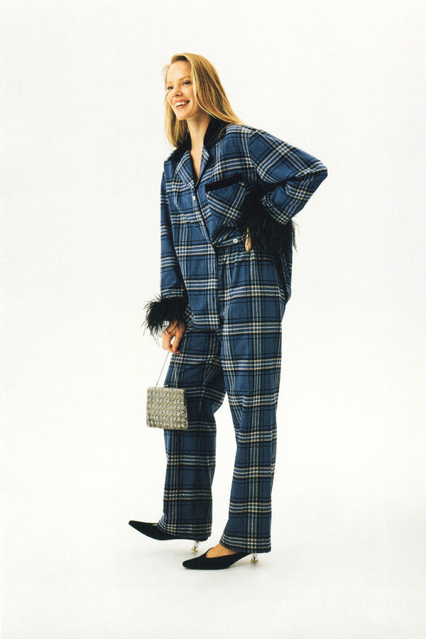 Sleeper Checked Cotton-Flannel Set With Feathers In Navy Checkered