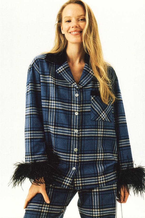 Sleeper Checked Cotton-Flannel Set With Feathers In Navy Checkered