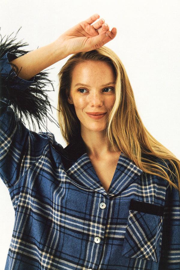 sleeper Checked Cotton-Flannel Set with Feathers in Navy Checkered