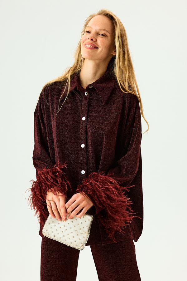 Sleeper Cosmos Oversized Lurex Pajama Set In Burgundy