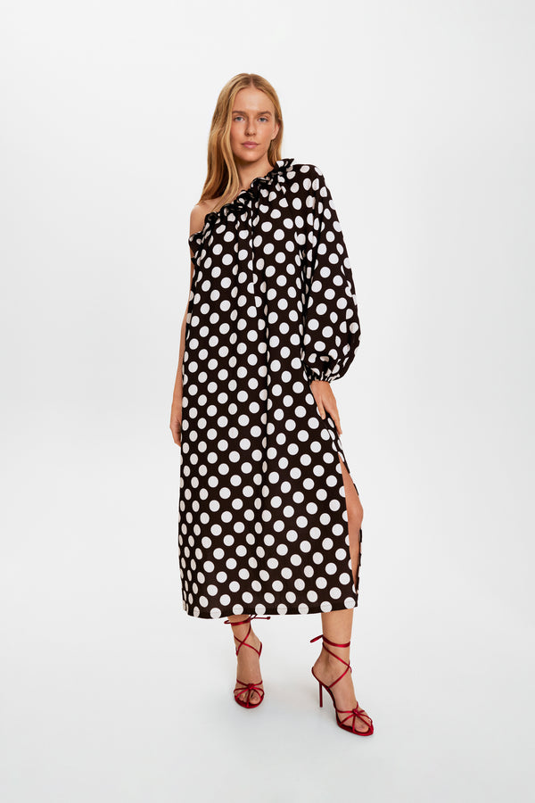 Sleeper Gaia Soft Viscose Midi Dress In Black Polka Dot