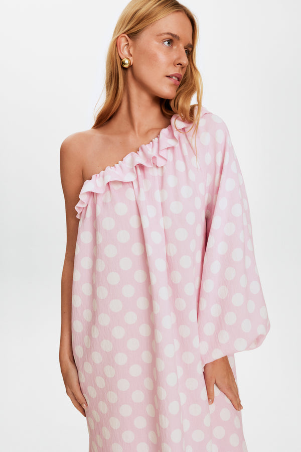 Sleeper Gaia Soft Viscose Midi Dress In Pink Polka Dot