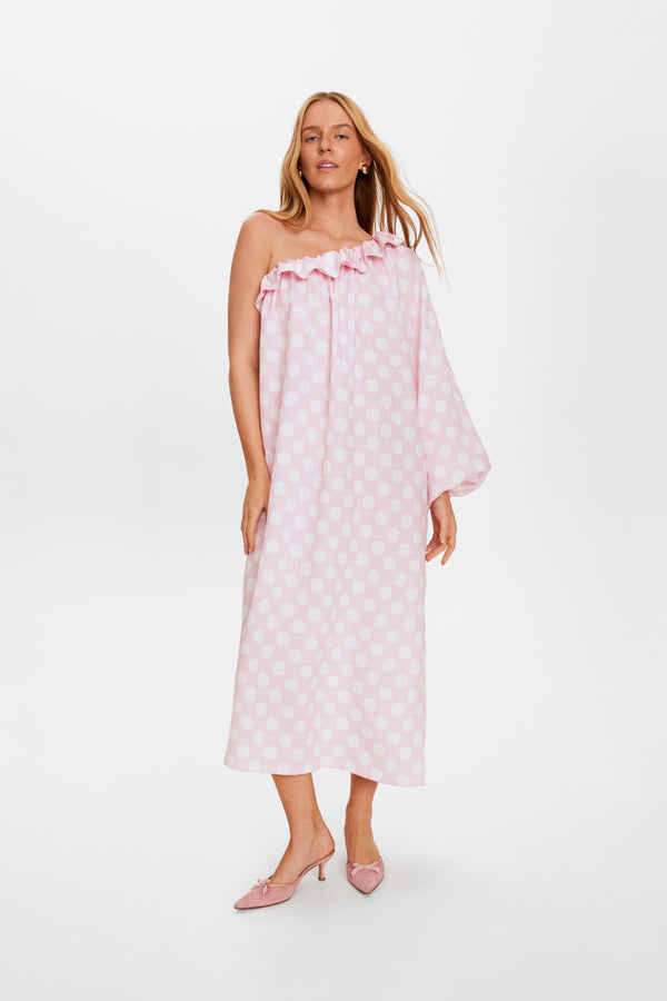 sleeper Gaia Soft Viscose Midi Dress in Pink Polka Dot