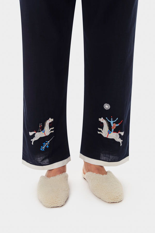 Sleeper Kotyk Embroidered Cotton-poplin Pants In Navy
