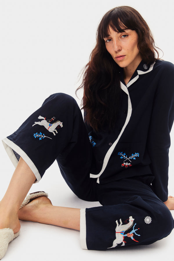 Sleeper Kotyk Embroidered Cotton-poplin Pants In Navy