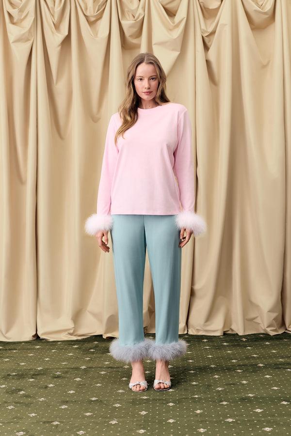 Sleeper Long Sleeve Stretch-cotton Jersey T-Shirt With Detachable Feathers In Pink