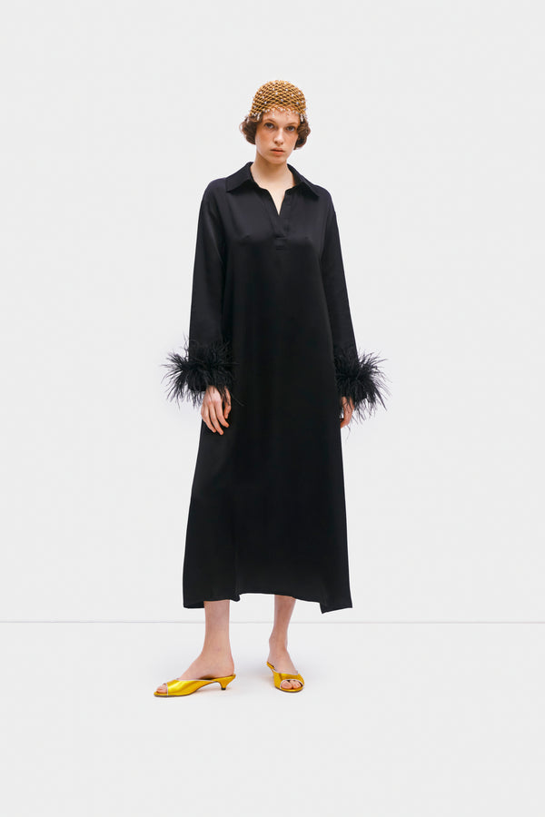 sleeper Luna Maxi Dress with Detachable Feathers in Black
