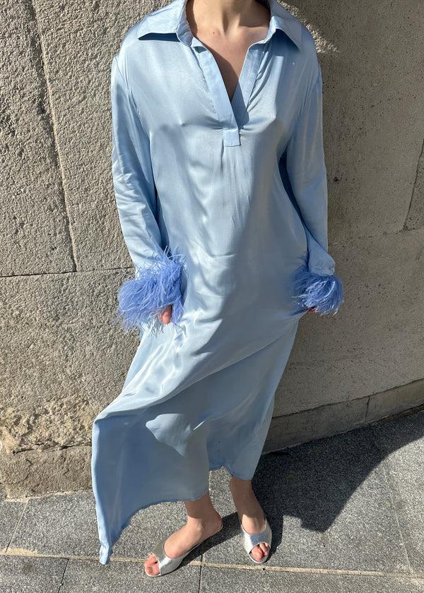 Sleeper Luna Maxi Dress With Detachable Feathers In Blue