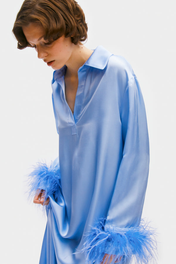 Sleeper Luna Maxi Dress With Detachable Feathers In Blue