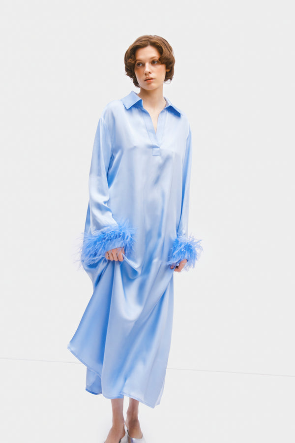 Sleeper Luna Maxi Dress With Detachable Feathers In Blue