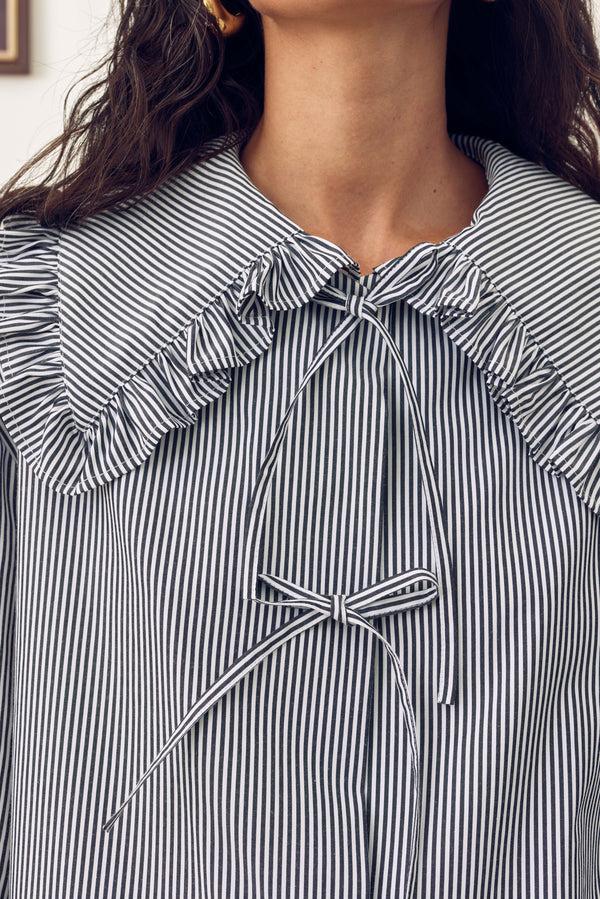 Sleeper Lybid Cotton Pajama Set With Ruffled Collar In Black Stripes