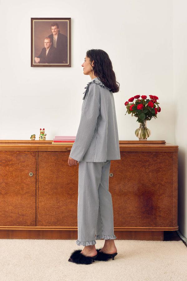 Sleeper Lybid Cotton Pajama Set With Ruffled Collar In Black Stripes