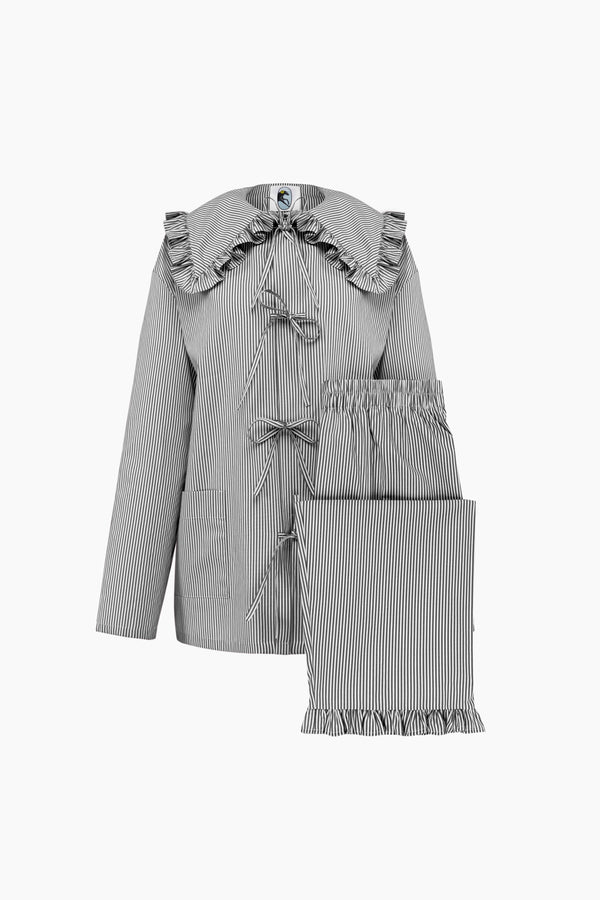 Sleeper Lybid Cotton Pajama Set With Ruffled Collar In Black Stripes