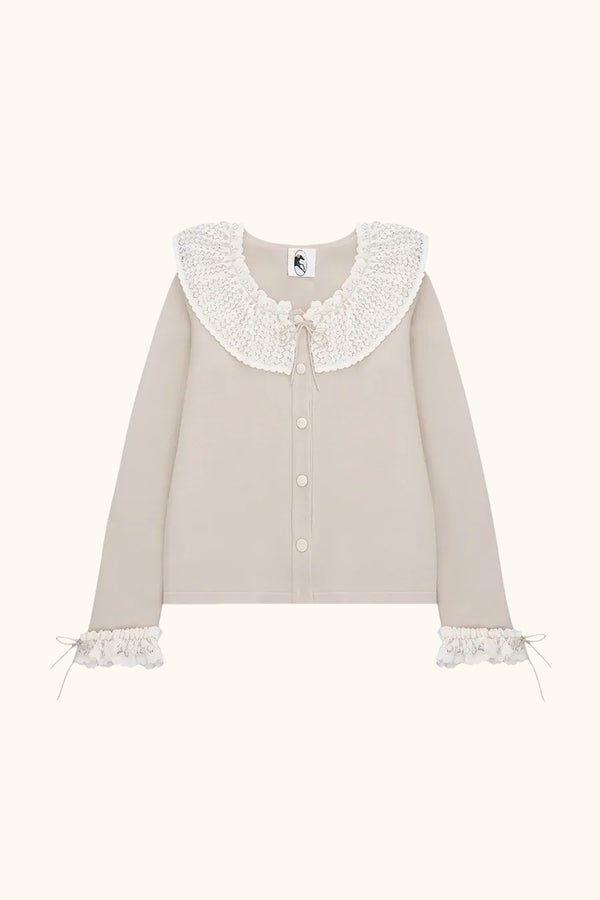 Sleeper Malena Knitted Cardigan With Lace Collar In Beige