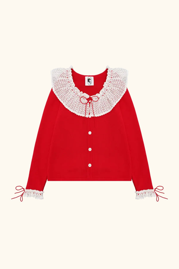 sleeper Malena Knitted Cardigan with Lace Collar in Red