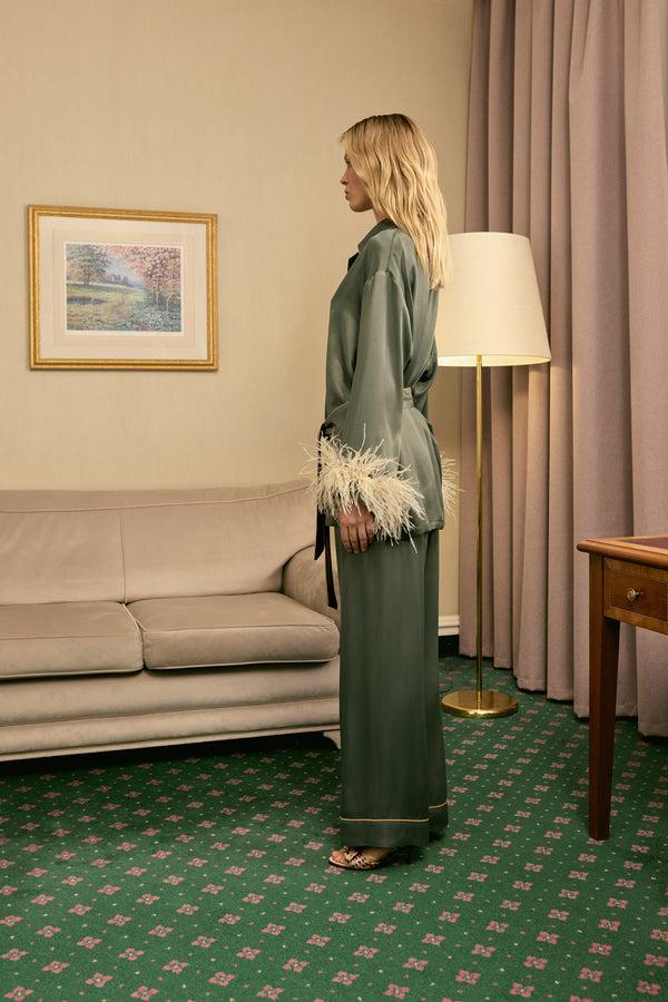 Sleeper Miss Cat Belted Set With Detachable Feathers In Green