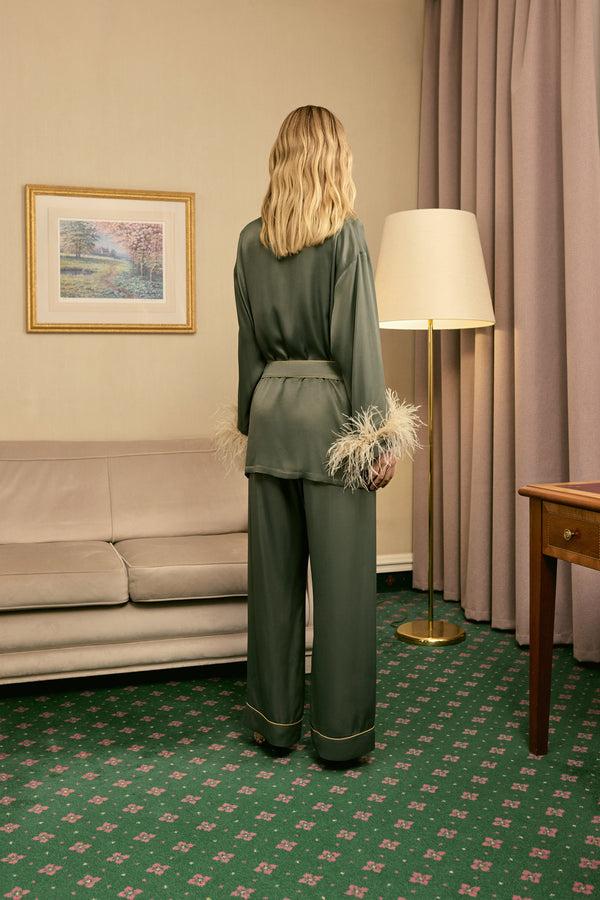 Sleeper Miss Cat Belted Set With Detachable Feathers In Green