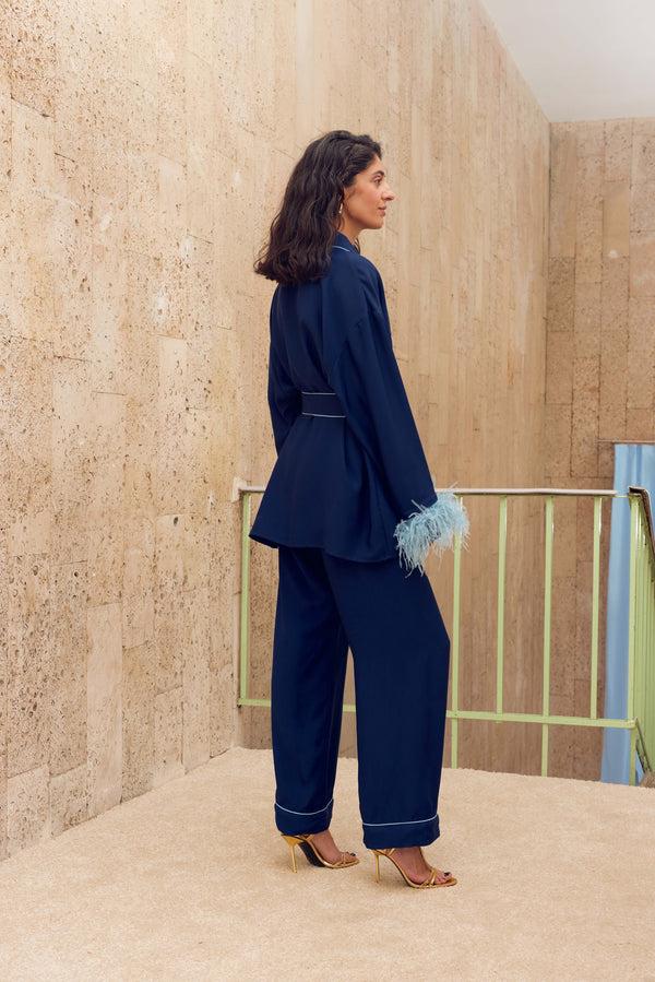 Sleeper Miss Cat Belted Set With Detachable Feathers In Navy