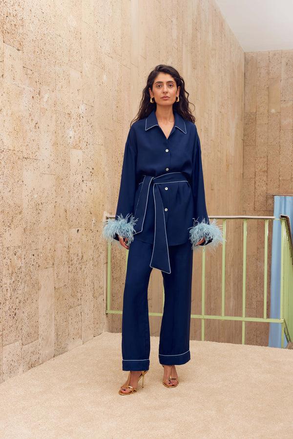 sleeper Miss Cat Belted Set with Detachable Feathers in Navy
