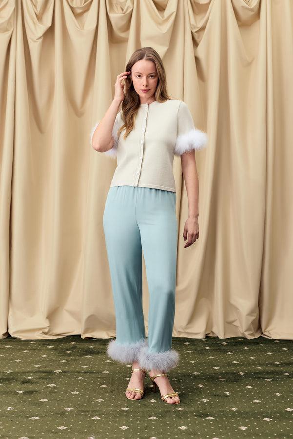Sleeper Miss Kitty Short Sleeve Cardigan With Detachable Feathers In Beige