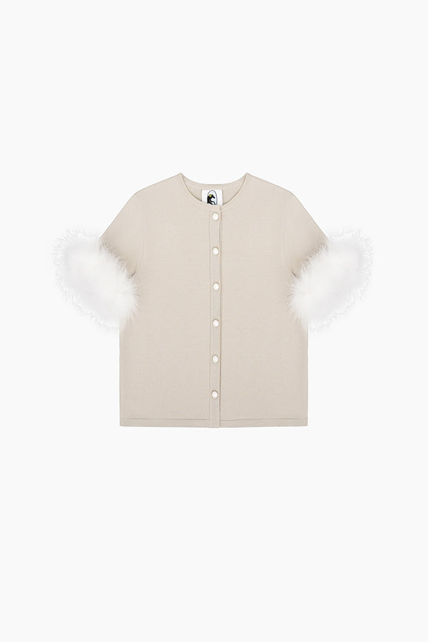 sleeper Miss Kitty Short Sleeve Cardigan with Detachable Feathers in Beige