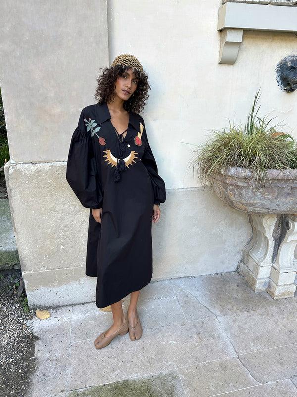Sleeper Mystic Appliquéd Cotton Maxi Dress In Black
