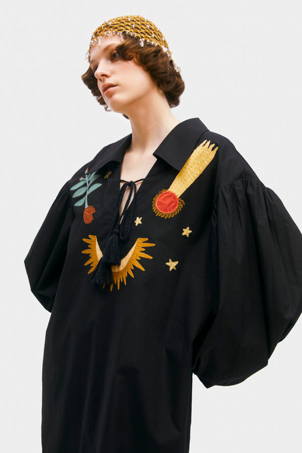 Sleeper Mystic Appliquéd Cotton Maxi Dress In Black