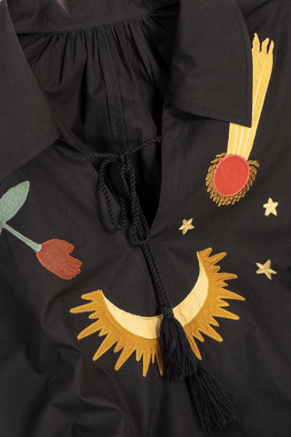 Sleeper Mystic Appliquéd Cotton Maxi Dress In Black