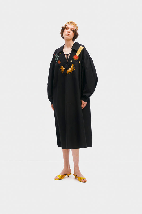 sleeper Mystic Appliquéd Cotton Maxi Dress in Black