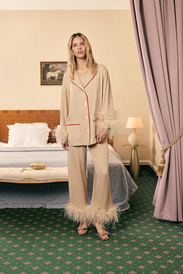 sleeper Party Pajamas Set with Detachable Feathers in Beige