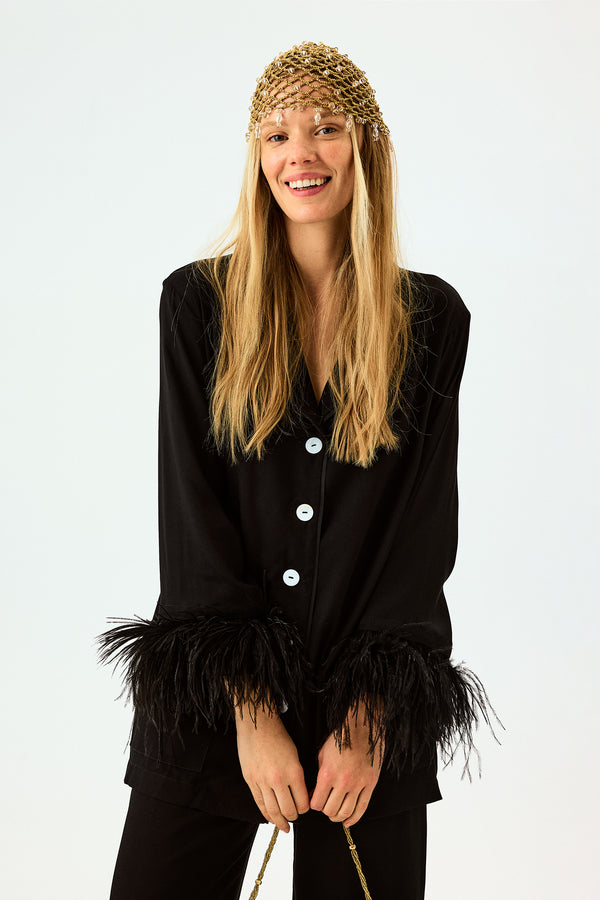 Sleeper Party Pajamas Set With Detachable Feathers In Black