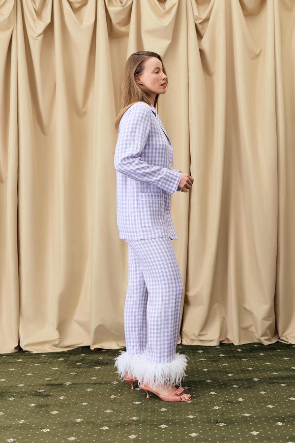 Sleeper Party Pajamas Set With Detachable Feathers In Lavender Vichy
