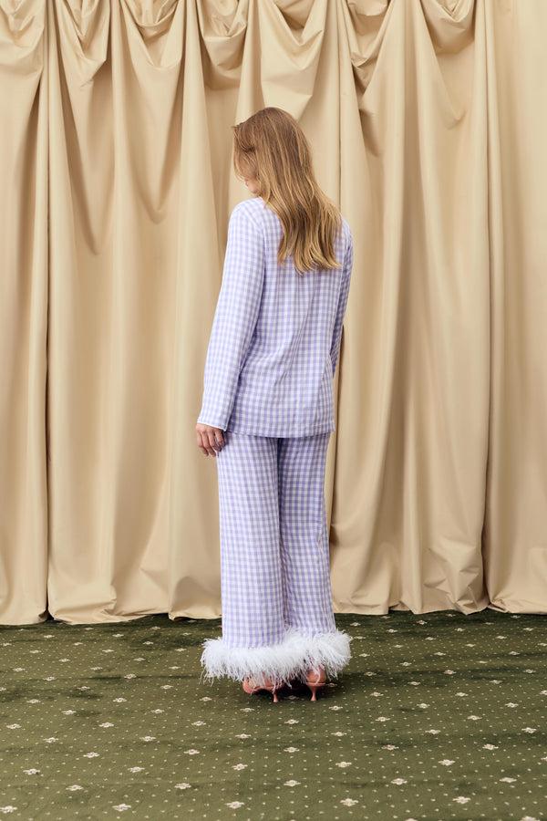 Sleeper Party Pajamas Set With Detachable Feathers In Lavender Vichy