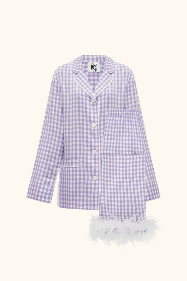 Sleeper Party Pajamas Set With Detachable Feathers In Lavender Vichy