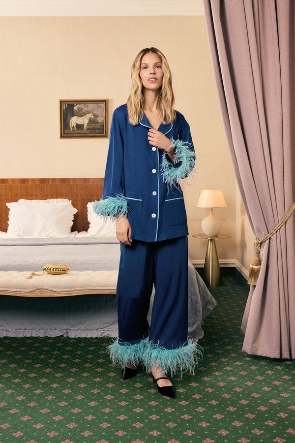 sleeper Party Pajamas Set With Detachable Feathers In Navy
