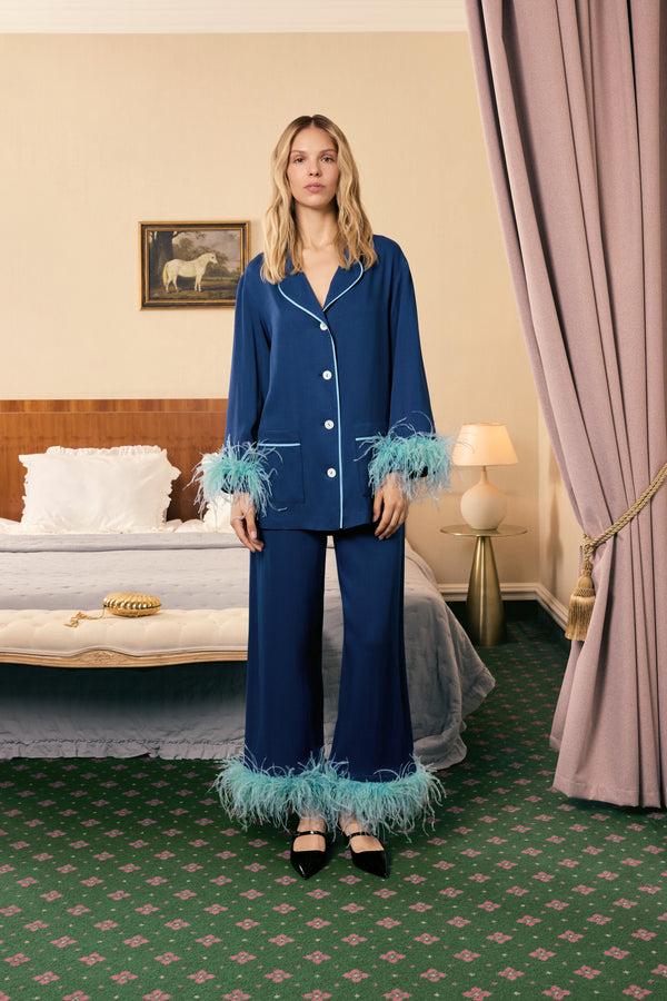 sleeper Party Pajamas Set with Detachable Feathers in Navy