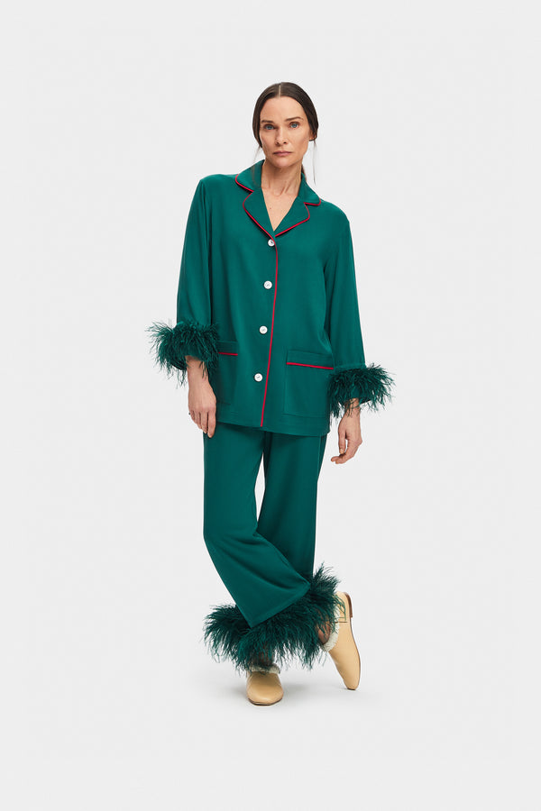 sleeper Party Pajamas Set with Detachable Feathers in Pine Green