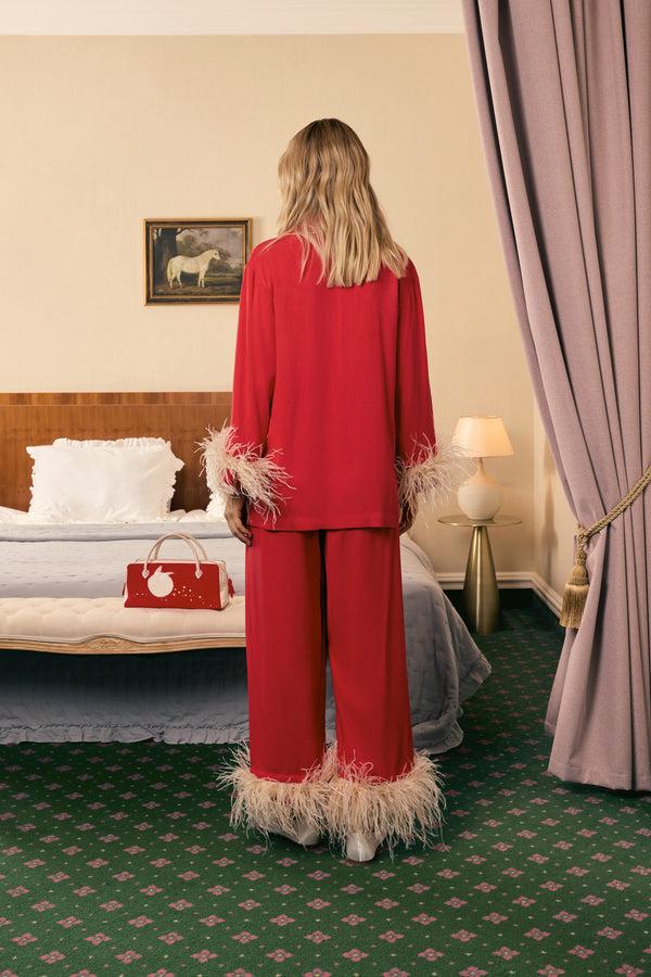 Sleeper Party Pajamas Set With Detachable Feathers In Red