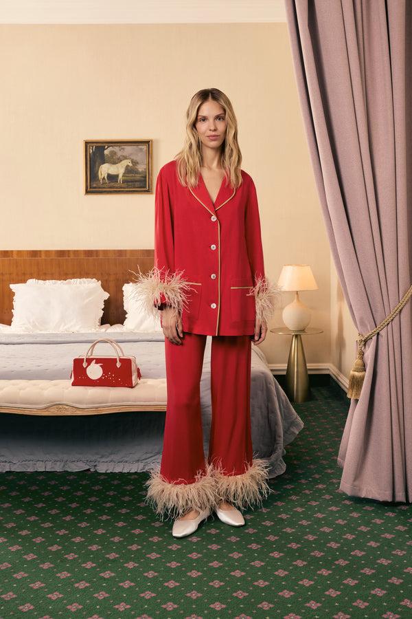 sleeper Party Pajamas Set with Detachable Feathers in Red