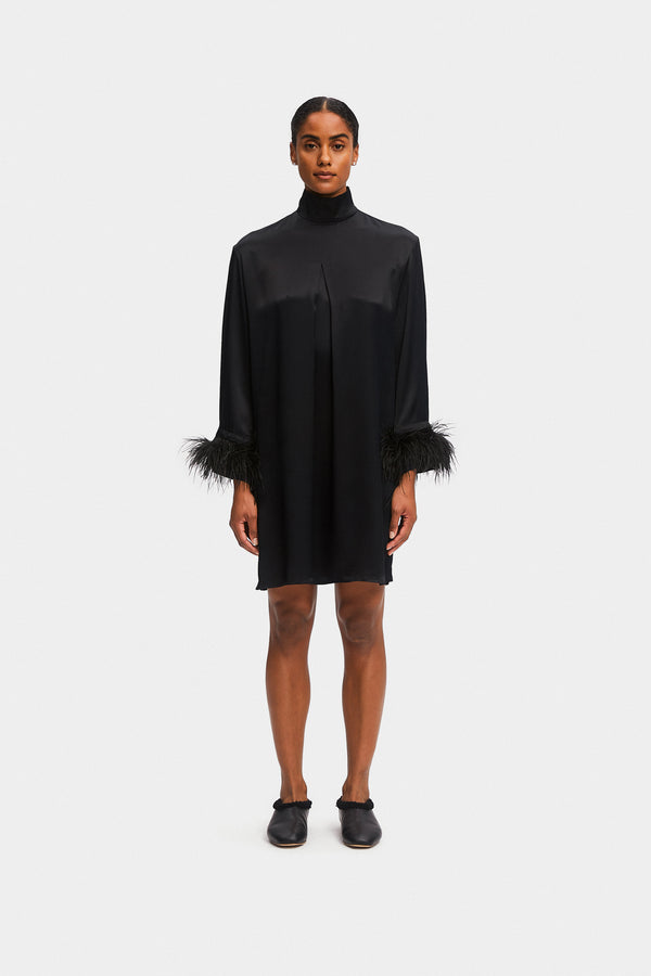 sleeper Party Shirt Dress with Detachable Feathers in Black