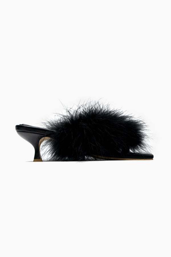 Sleeper Pom Kitten Heel Mules With Feathers In Black