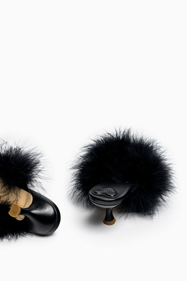 Sleeper Pom Kitten Heel Mules With Feathers In Black