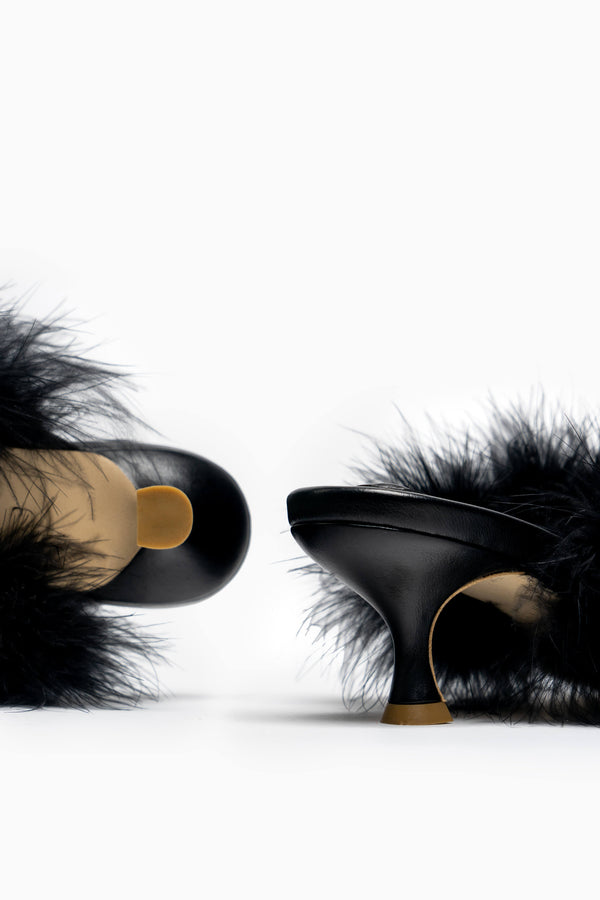 Sleeper Pom Kitten Heel Mules With Feathers In Black