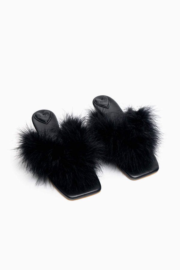 sleeper Pom Kitten Heel Mules with Feathers in Black