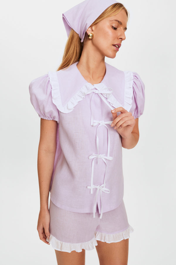 sleeper Puff Linen Lounge Shorts with Headscarf in Lavender