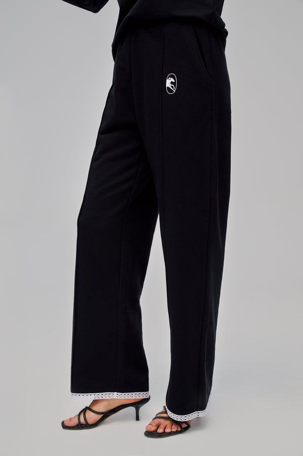 Sleeper Relaxed Stretch-cotton Jersey Pants With Lace In Black