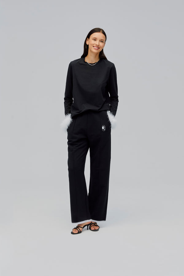 sleeper Relaxed Stretch-cotton Jersey Pants with Lace in Black